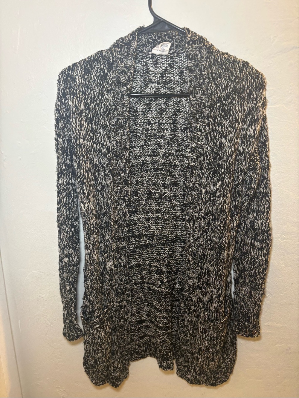 Marled Black & White Open-Front Knit Cardigan Sweater